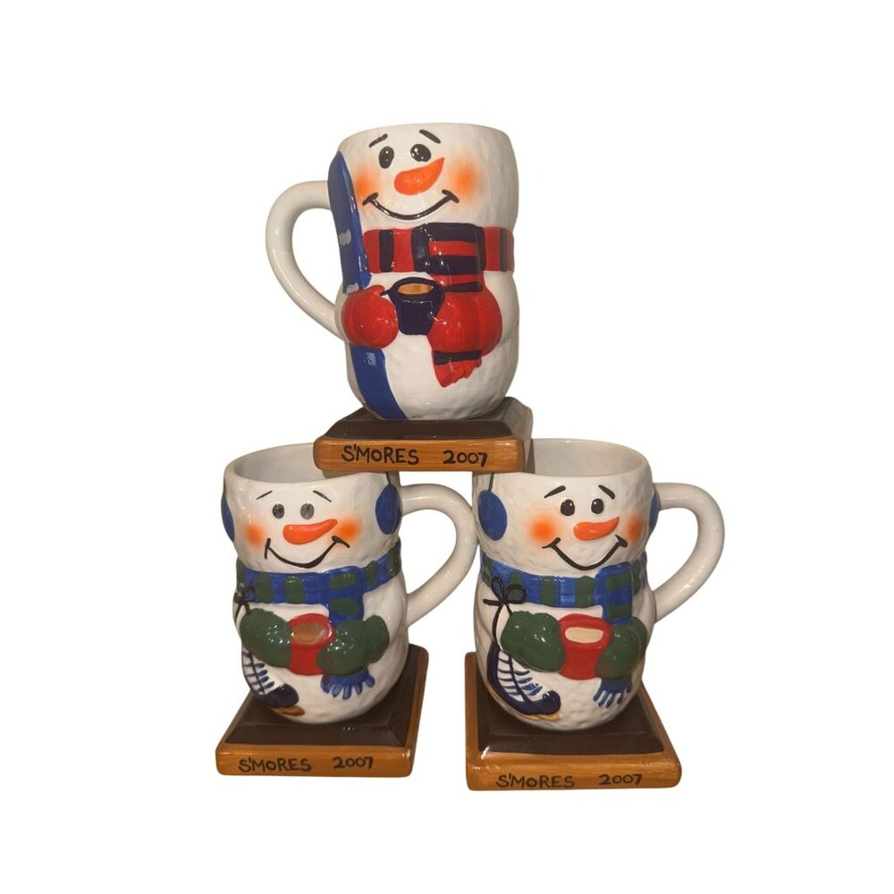 Set Of 3 Smores 2007 Snowman Ceramic Mugs With Stands